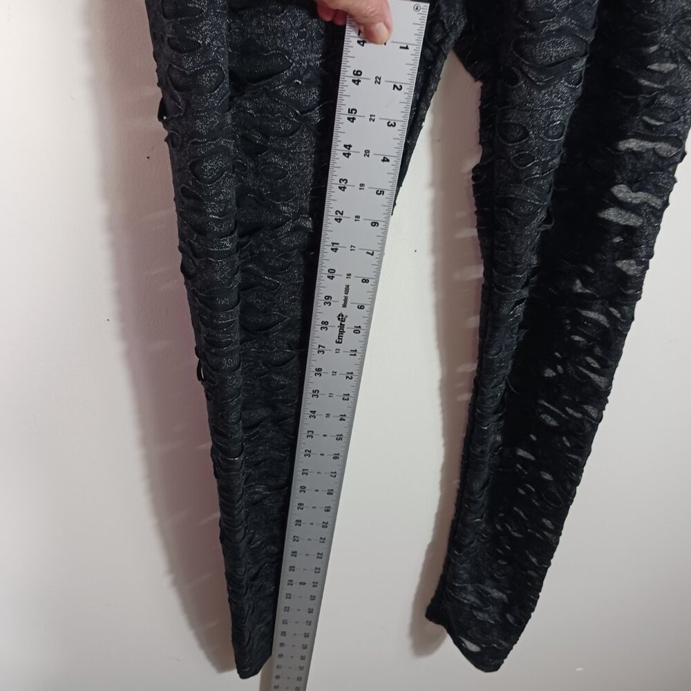 BCBG Maxazria, NWT Black Gunmetal Sheer Shiny Leggings W 3D Cutout Overlay, Goth - Picture 13 of 16